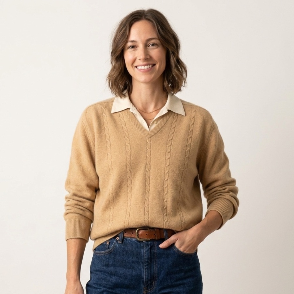 Vintage Lord Jeff 100% Pure Camel Hair V-Neck Sweater Classic Preppy Cable Knit